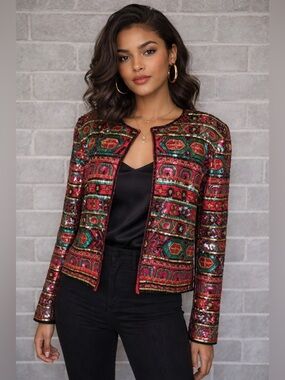 Vintage Papell Boutique Evening Beaded Sequin Jacket Bolero Red Art Deco Glam